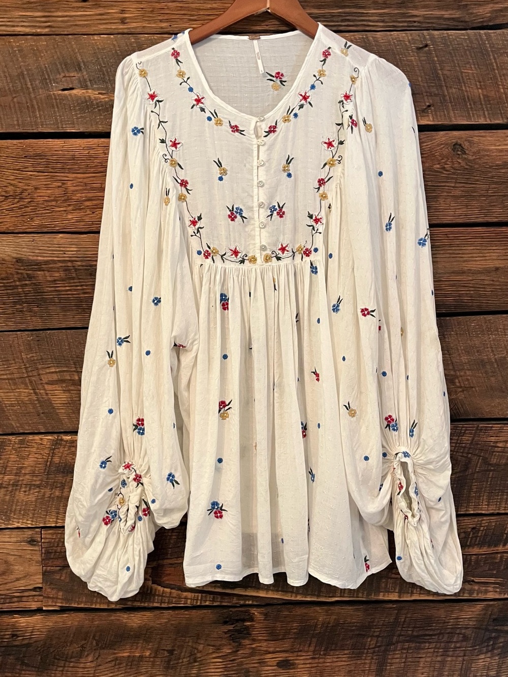 Free People boho floral embroidered flowy mini dress balloon sleeve large - Picture 2 of 8